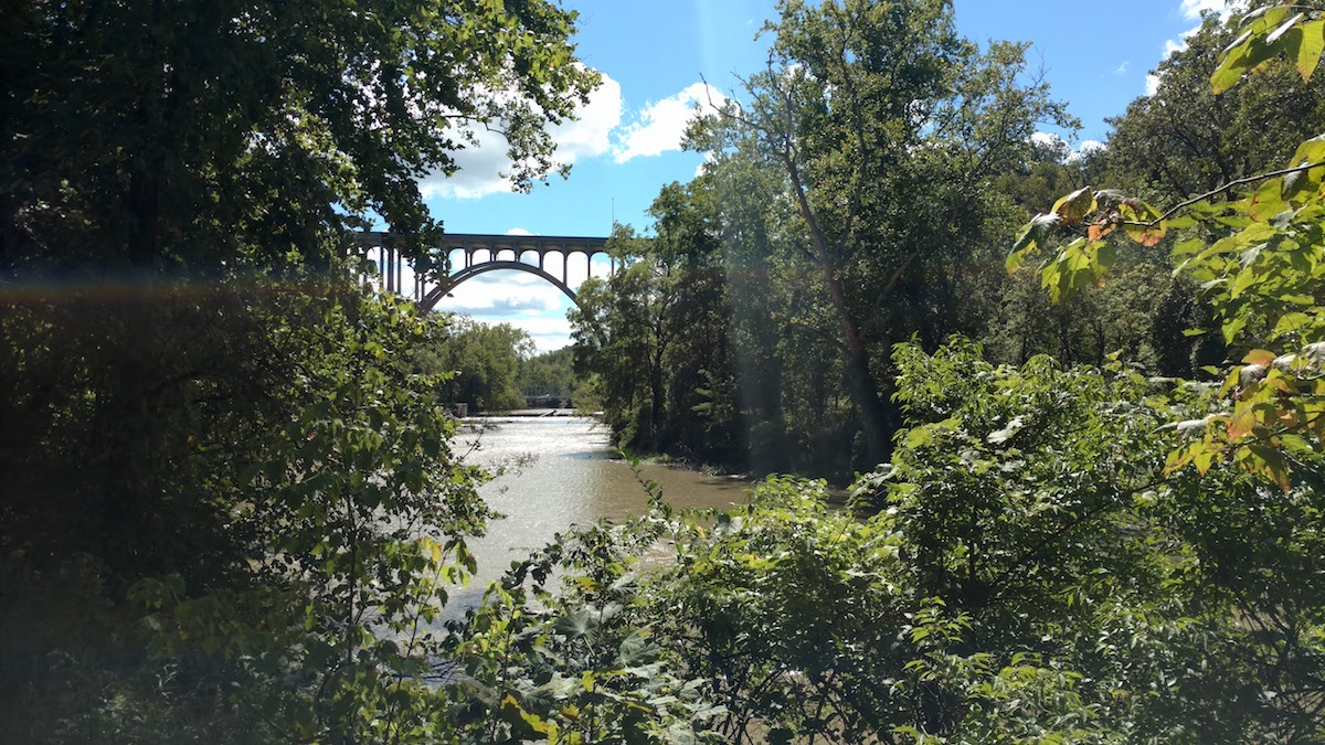 A picture taken through the trees, with the sun shining, looking out over the Cuyahoga River at a large bridge.